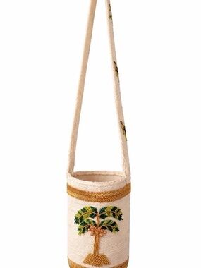 Wayuu Tribe Cream Crossbody Bag with Green Embroidered Palm Tree and Gold Trim